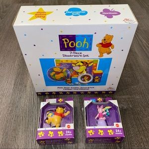 NEW Vintage Rare Disney Winnie The Pooh Bundle 7pc Dinnerware Set & 2 Figurines